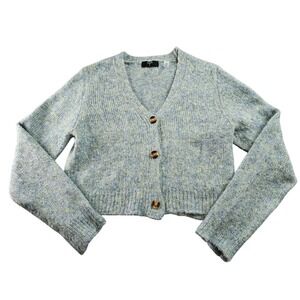 Tahari Cropped Cardigan Sweater Womens Medium Blue Green Cozy Knit Button Front